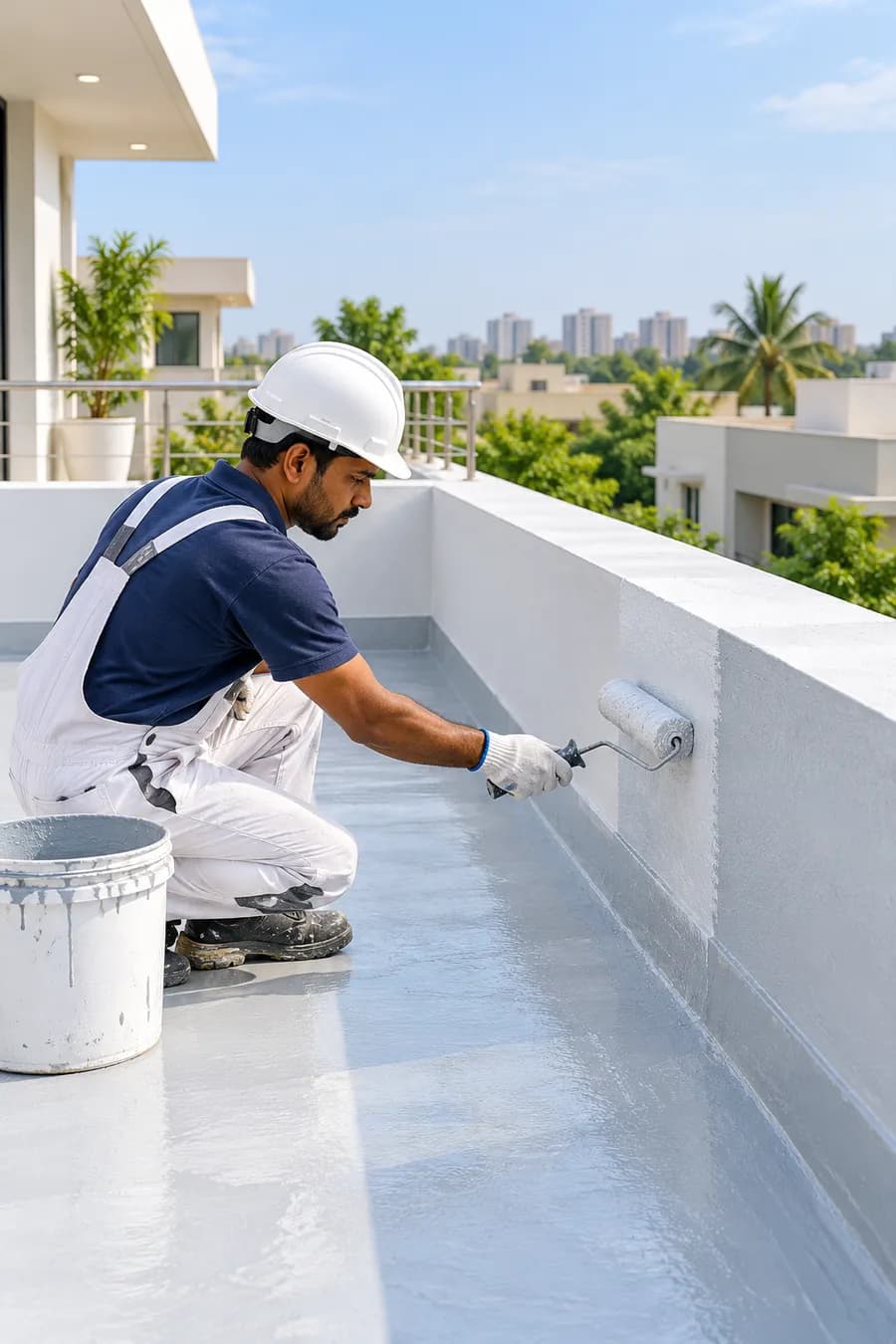 Technician applying waterproof polymer coating to a terrace surface in Noida