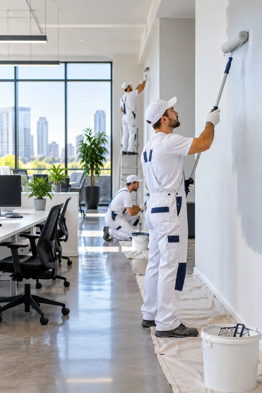 Polishing a solid wooden door and painting metal balcony railings in Noida